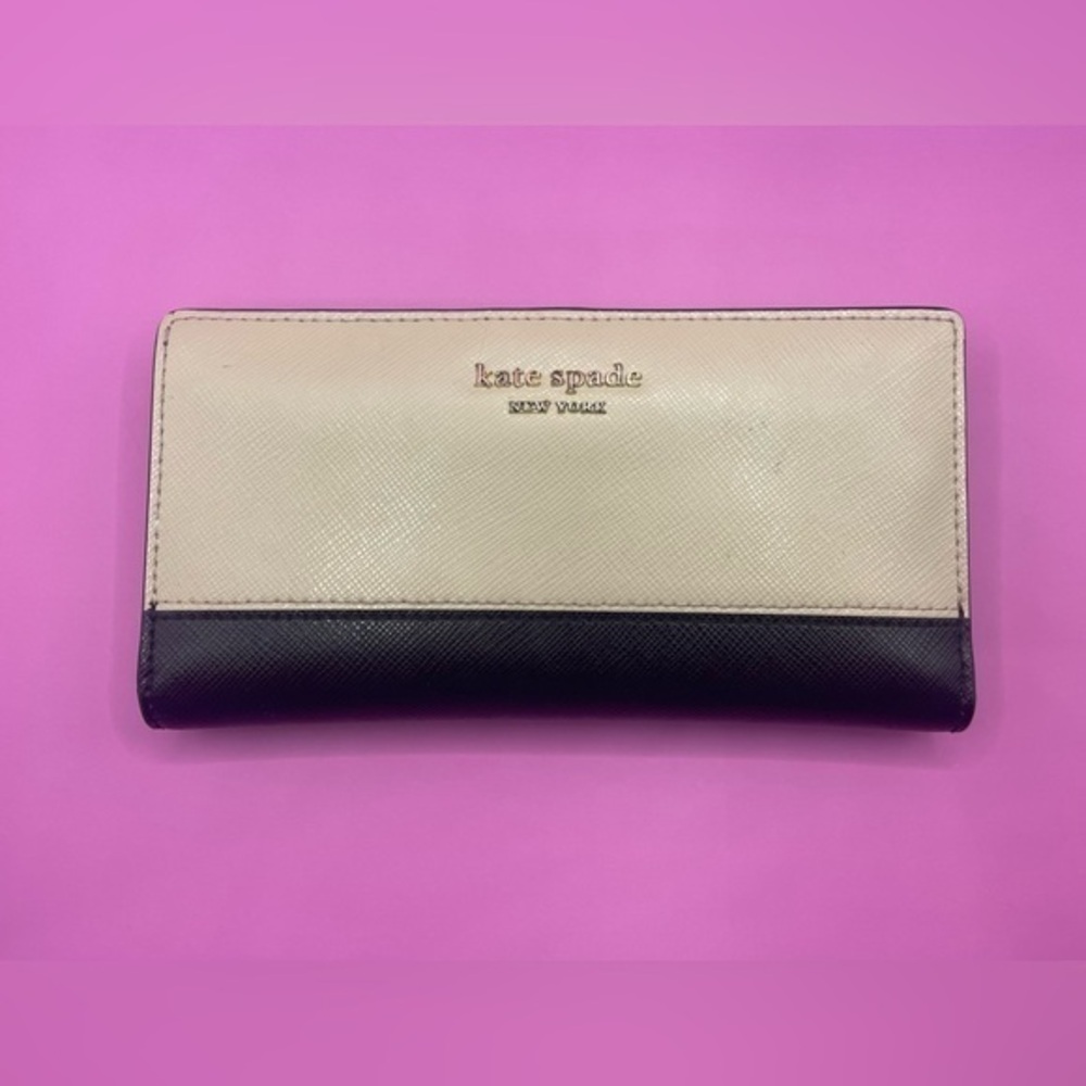 KATE SPADE NEW YORK Bifold Slim Lrg Wallet Colorblock Beige Black Pink Chic #265